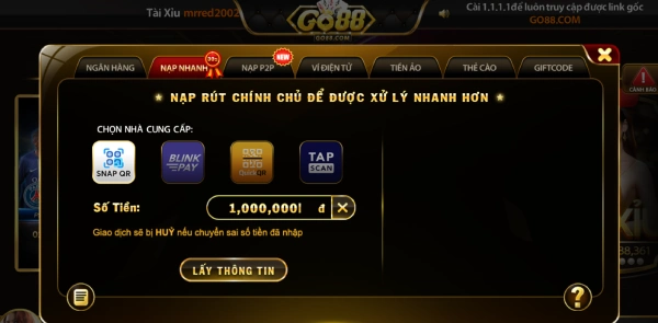 Hướng dẫn nạp và rút tiền go88